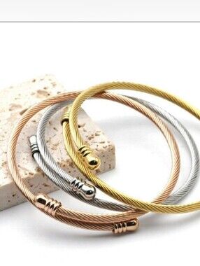 Triple-Tone Twisted Cable Open Cuff Bracelet Set Of 3 Gold, Silver & Rose Gold
